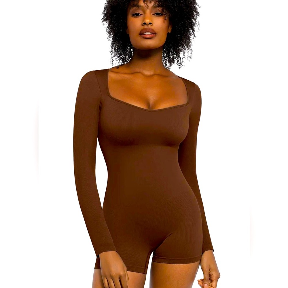 SHEIN Brown Cocoa Scoop Neck Lycra Long Sleeve Unitard S